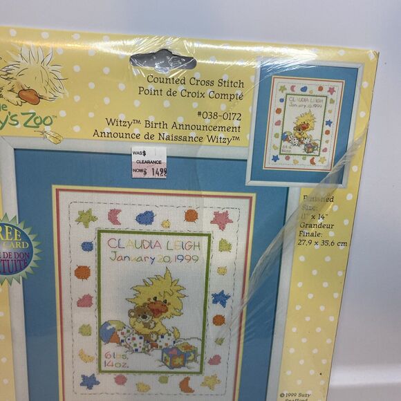 Janlynn Suzy's Zoo Witzy Birth Announcement Counted Cross Stitch Kit  11 " x 14" - Picture 2 of 5